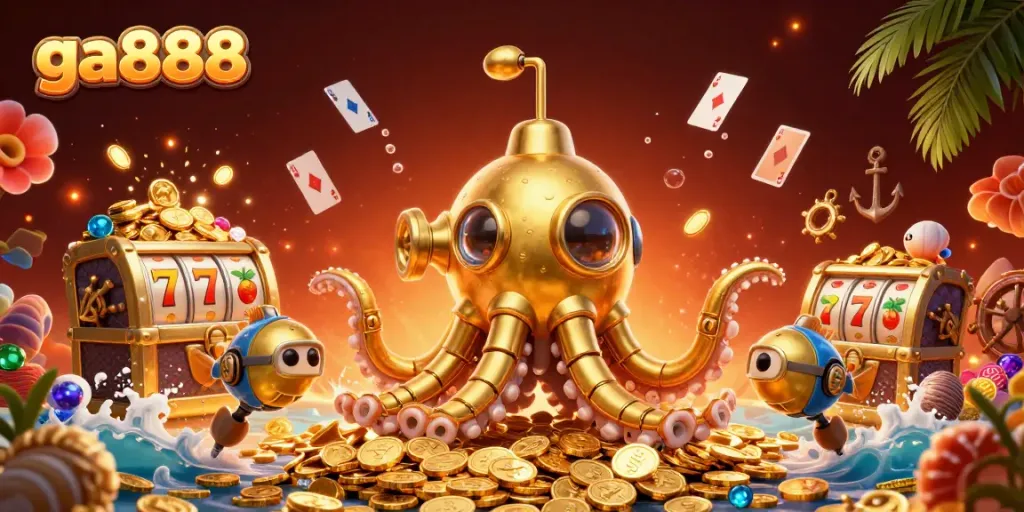 Join the action at GA888 with a golden kraken submarine amidst slot game elements and treasures.
