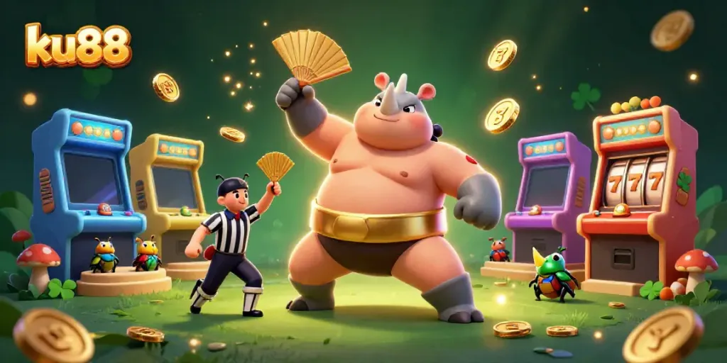 ku88 gamification illustrated with a rhinoceros beetle champion amidst coins and playful gaming elements