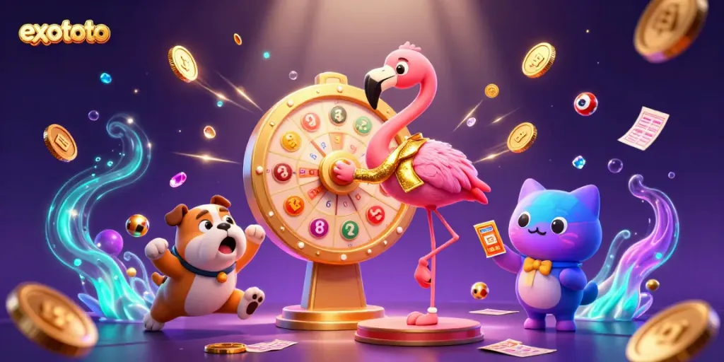 Menangkan hadiah menarik di EXOTOTO dengan antusiasme pemain bulldog dan flamingo host acara, dikelilingi oleh koin emas dan bola lotere.