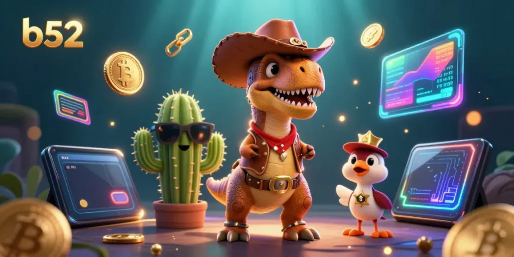 Engage in thrilling b52 gaming adventures with this vibrant 3D illustration featuring unique characters and crypto elements.