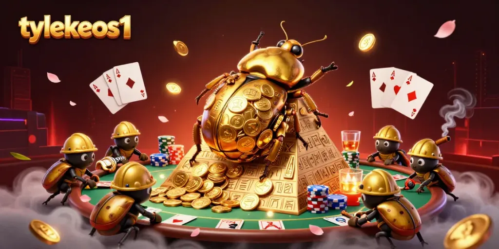 Celebrate wins at tylekeos1, a vibrant casino scene with golden beetles and poker elements.