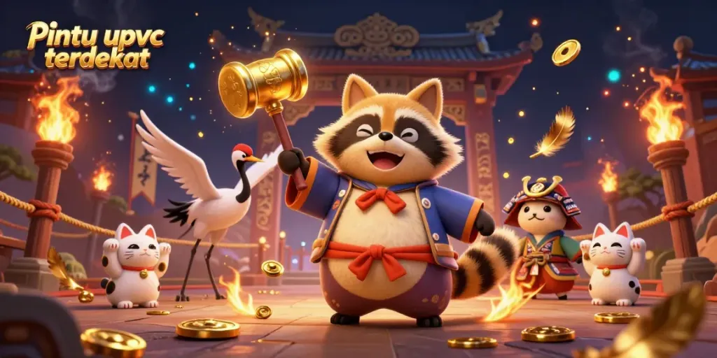 Experience winning moments with Pintu upvc terdekat as tanuki holds the lucky mallet amid golden treasures.
