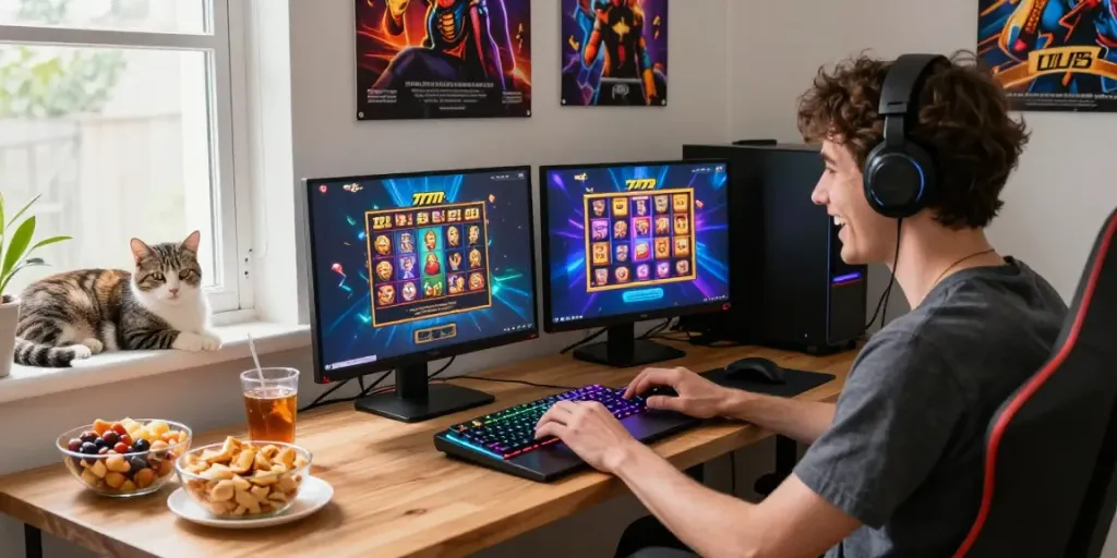Exciting slot777 gaming session at home with vibrant decor and cozy setup.