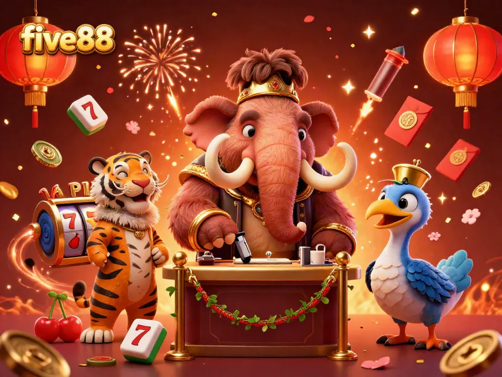 Experience excitement with five88's vibrant casino scene showcasing a woolly mammoth bouncer, VIP saber-tooth tiger, and atmospheric gaming elements.