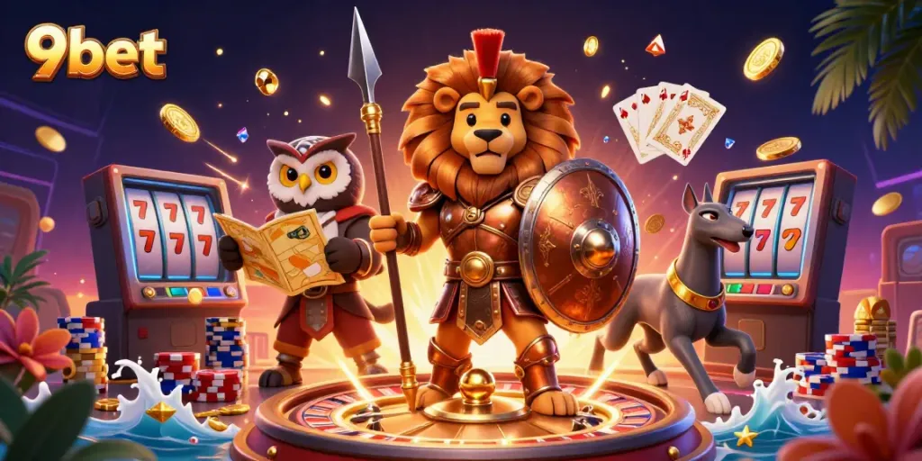 Engage with 9bet rewards through a dynamic 3D casino scene featuring unique characters and game elements.