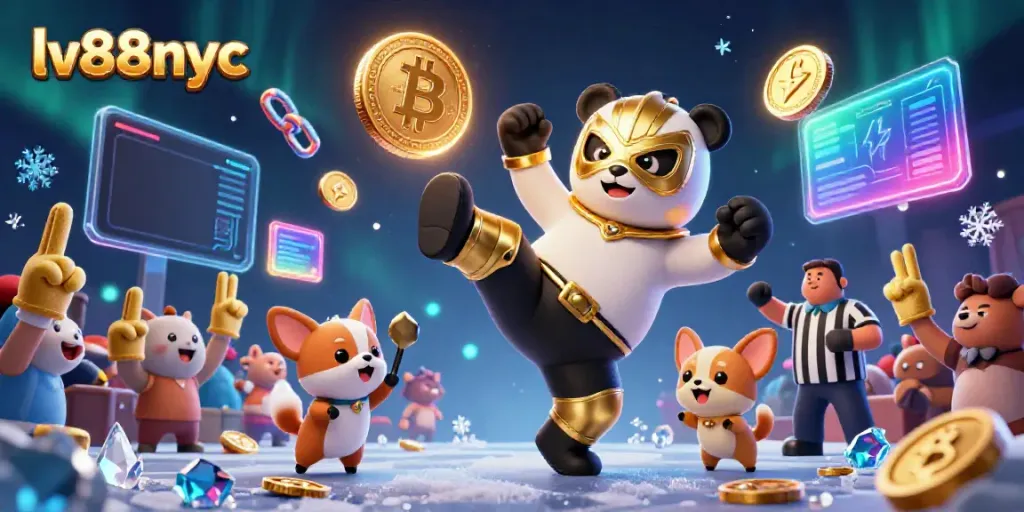Experience the action at lv88nyc with a cartoon panda wrestler and crowd excitement in a vibrant casino backdrop.