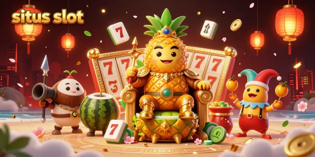 Engage with the situs slot experience featuring a lively 3D casino scene with a golden pineapple king, slot reels, and festive decorations.