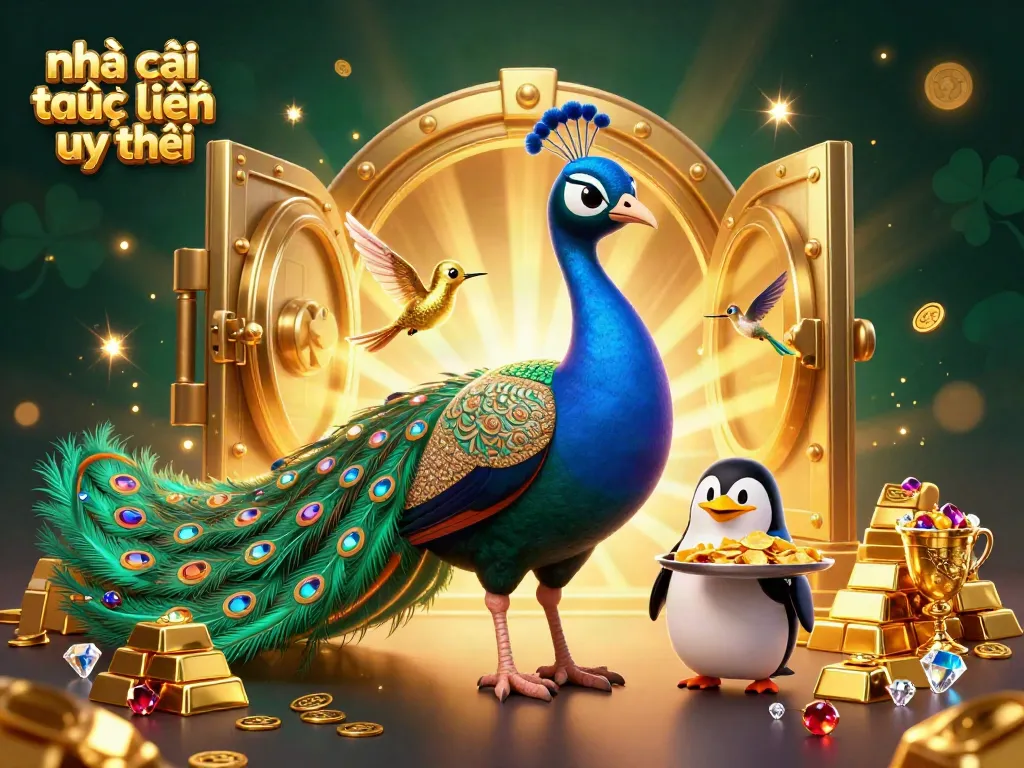 Experience the excitement of nhà cái trực tuyến uy tín with vibrant 3D characters and gold treasure in this digital illustration.