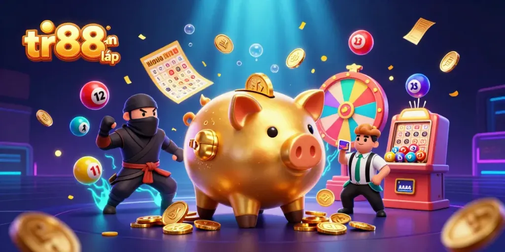 Experience tr88 đăng nhập with a vibrant 3D casino scene featuring dynamic characters and gaming elements.