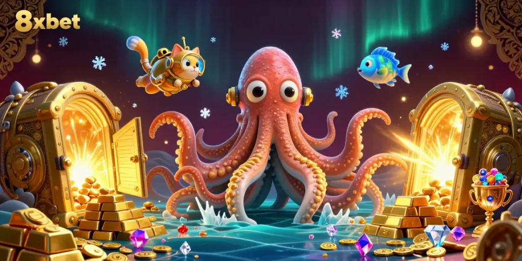 Experience 8xbet's thrilling adventure with a kraken, diving cat, and treasure-filled ocean.