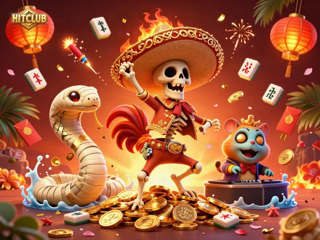 Experience HITCLUB's vibrant casino scene with dynamic characters and festive gaming elements.