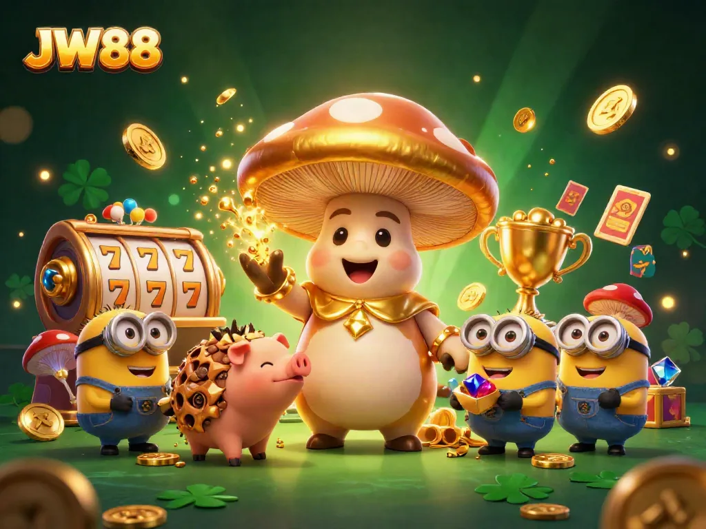 Experience JW88 with a vibrant golden wizard and treasure elements in a dynamic casino scene.