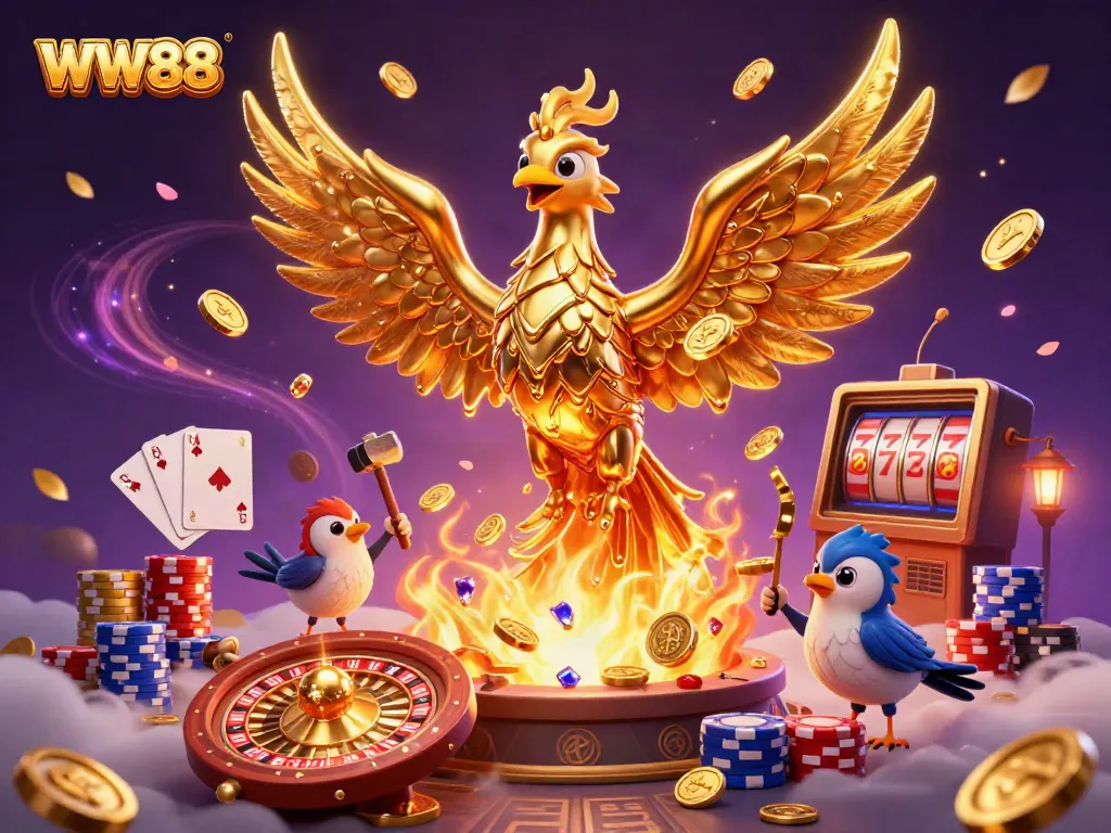 WW88 captures the excitement of casino gaming with a molten golden phoenix, coins, and colorful chips.
