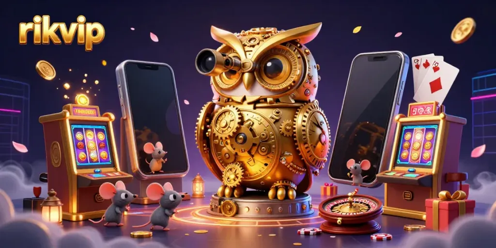 Enjoy the vibrant world of rikvip casino with a clockwork owl surveying players and games.