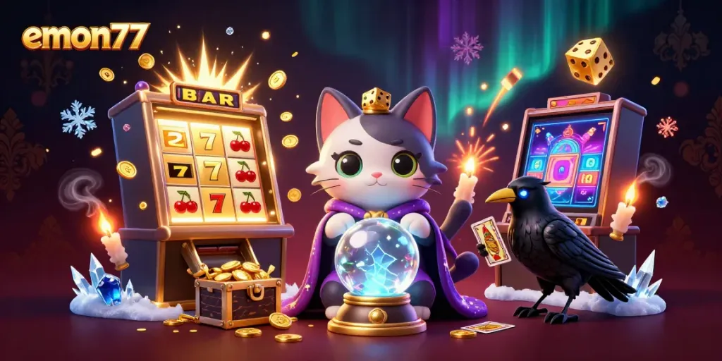 Play exciting slot games with emon77 amidst a mystical scene of fortune
