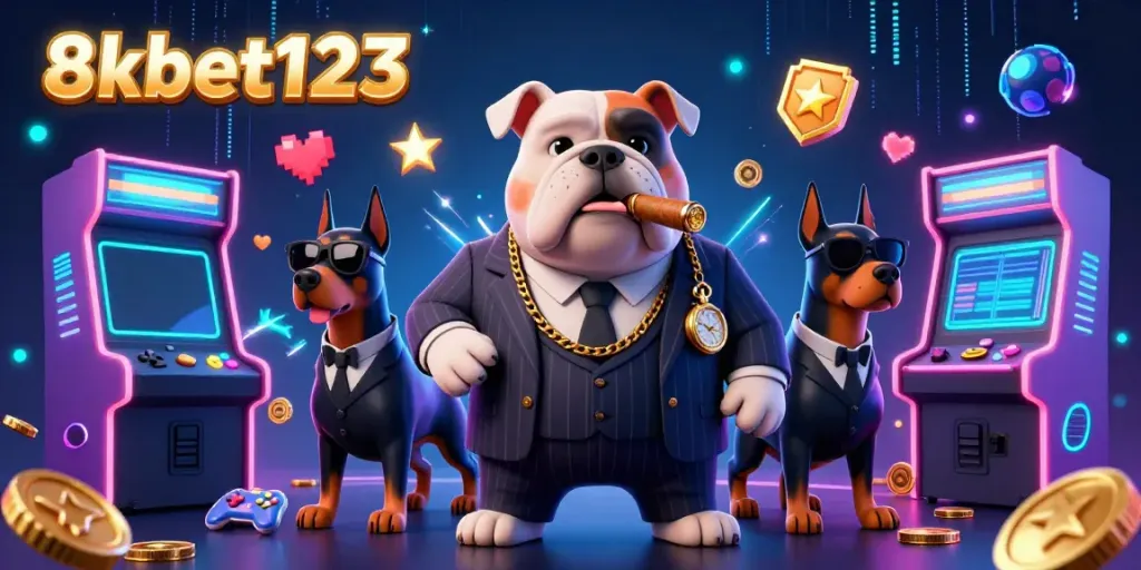 Engage with 8xbet123's vibrant casino world featuring a mafia boss bulldog, dynamic game elements, and neon lights.