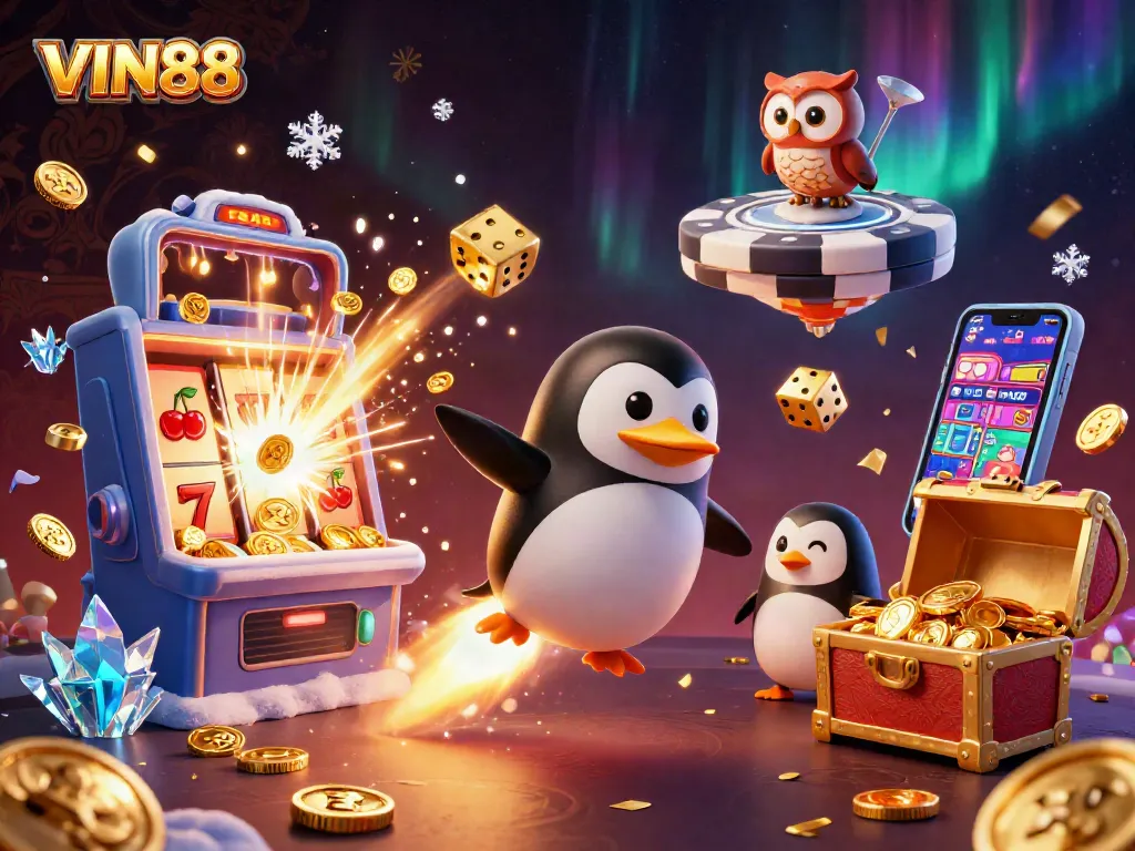Experience thrilling wins with VIN88 at a vibrant casino scene featuring dynamic gaming elements and golden coins.