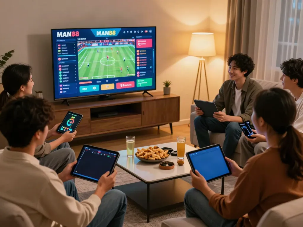 Group of friends enjoying online betting from https://man881.jp.net/ in a modern living room with sports betting interface.