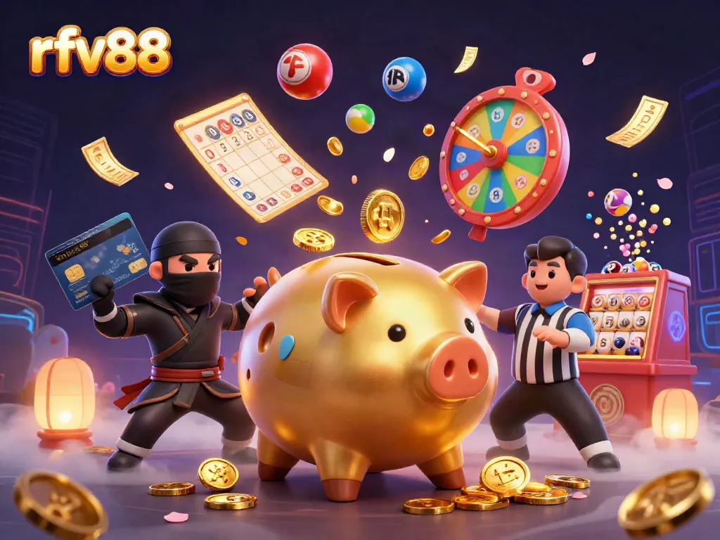 Experience thrilling gaming action with rfv88's vibrant casino scene featuring a golden piggy bank wrestler.