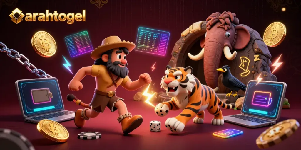 Experience exciting moments at arahtogel with a cartoonish prehistoric casino scene filled with vibrant elements.