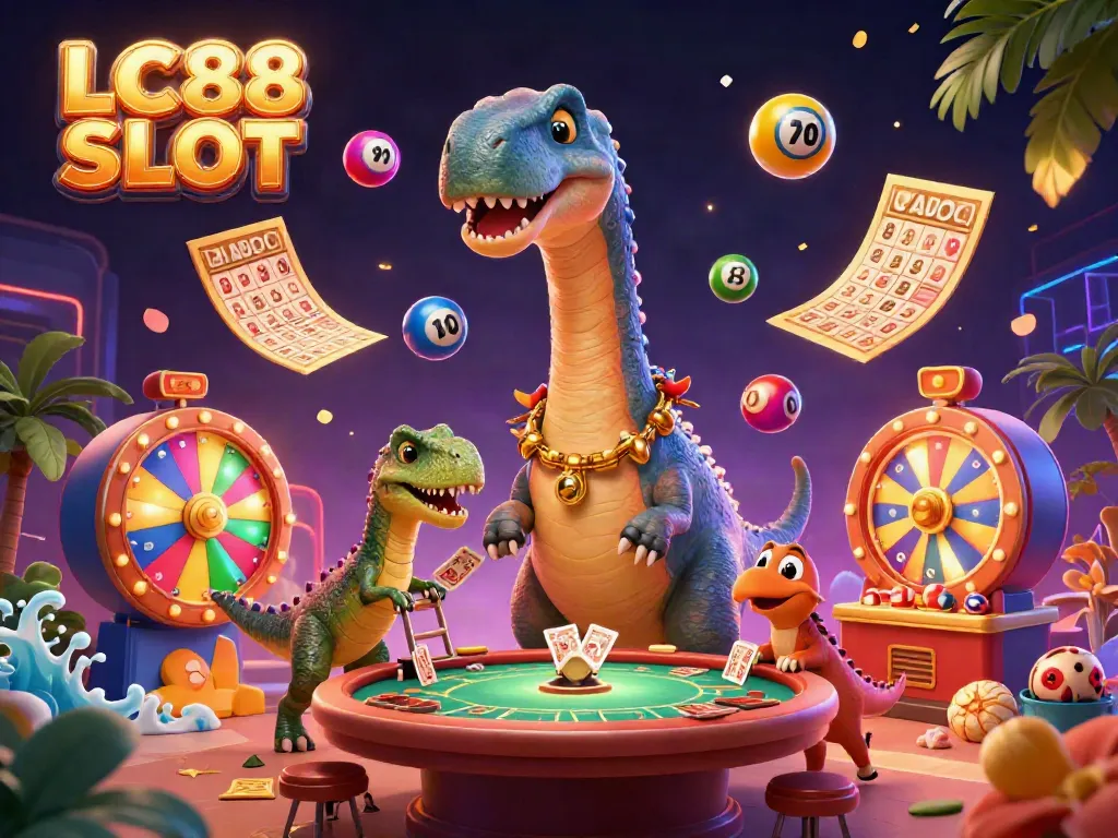 Experience thrilling LC88 SLOT action with a massive brontosaurus and a clever raptor dealing cards amid a dynamic casino scene.