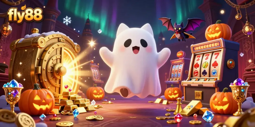 Experience thrilling gaming action at fly88 with ghostly characters amidst slot games and treasures.