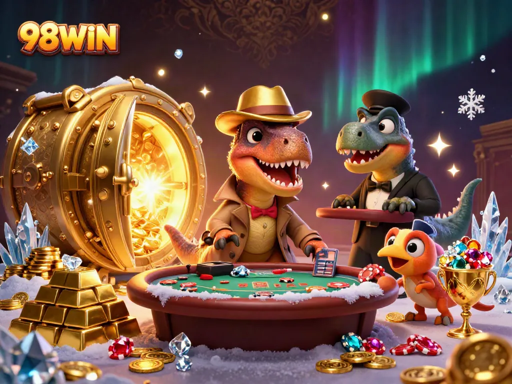 Engage with thrilling 98WIN games featuring a velociraptor at a blackjack table amidst treasures.