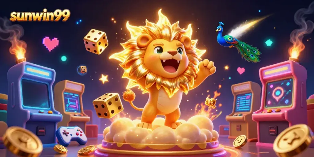 Experience excitement with sunwin99 casino games featuring a roaring lion and golden dice in a vibrant scene.