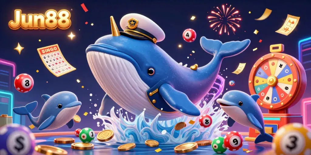 Engage in a festivity of games at Jun88, featuring a whale, narwhal, and dolphins amid celebratory elements.